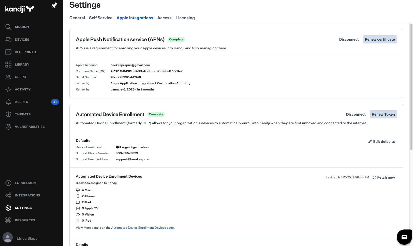 Screenshot of Apple integrations and enrollment methods in Kandji