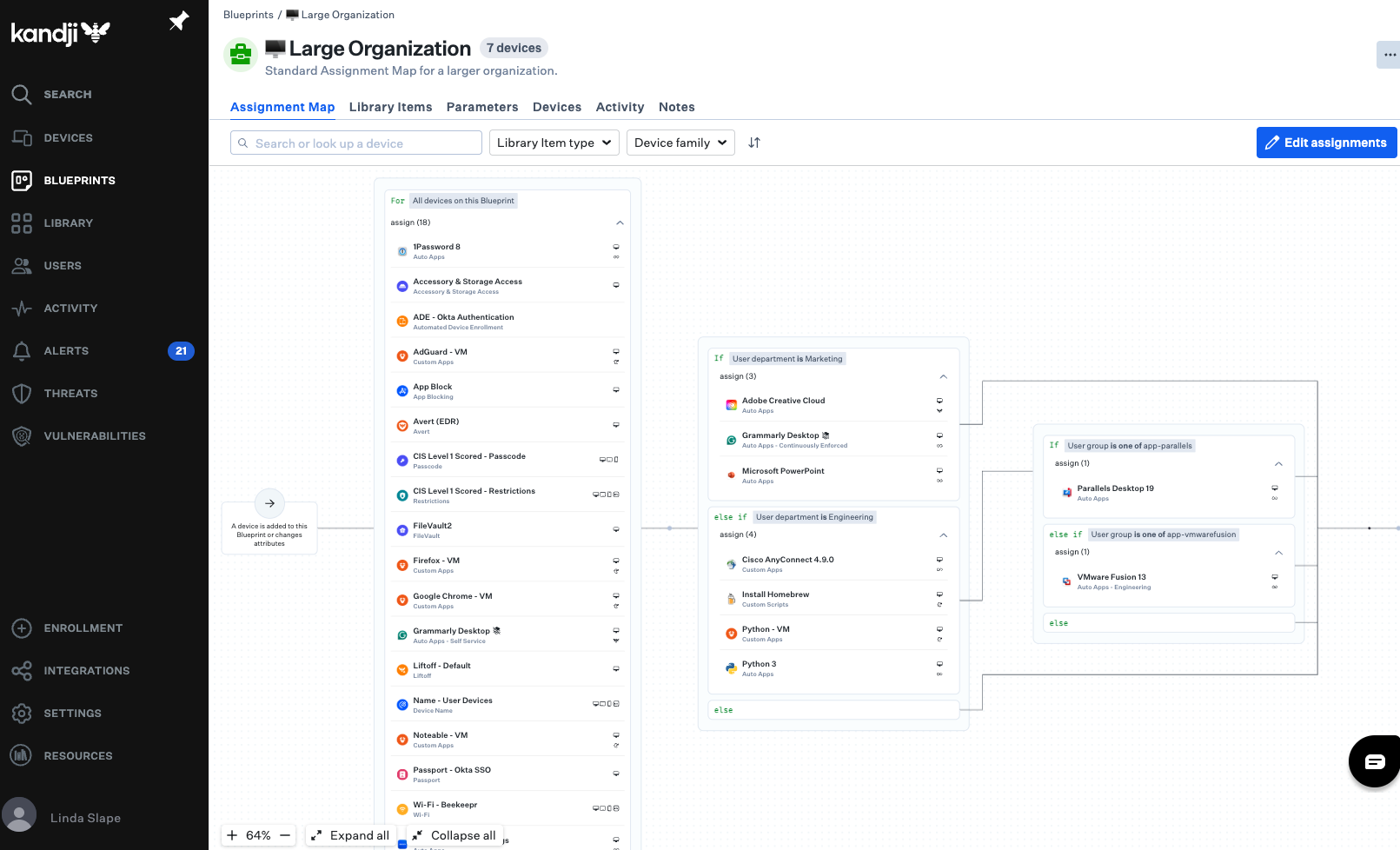 Screenshot of assignment maps and customized deployments in Kandji