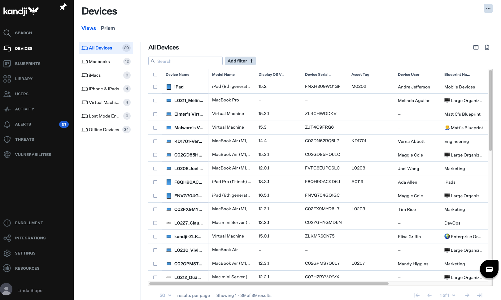 Screenshot of device management and visibility functions in Kandji