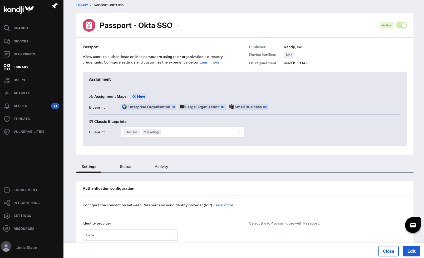 Screenshot of Passport identity management & login security in Kandji