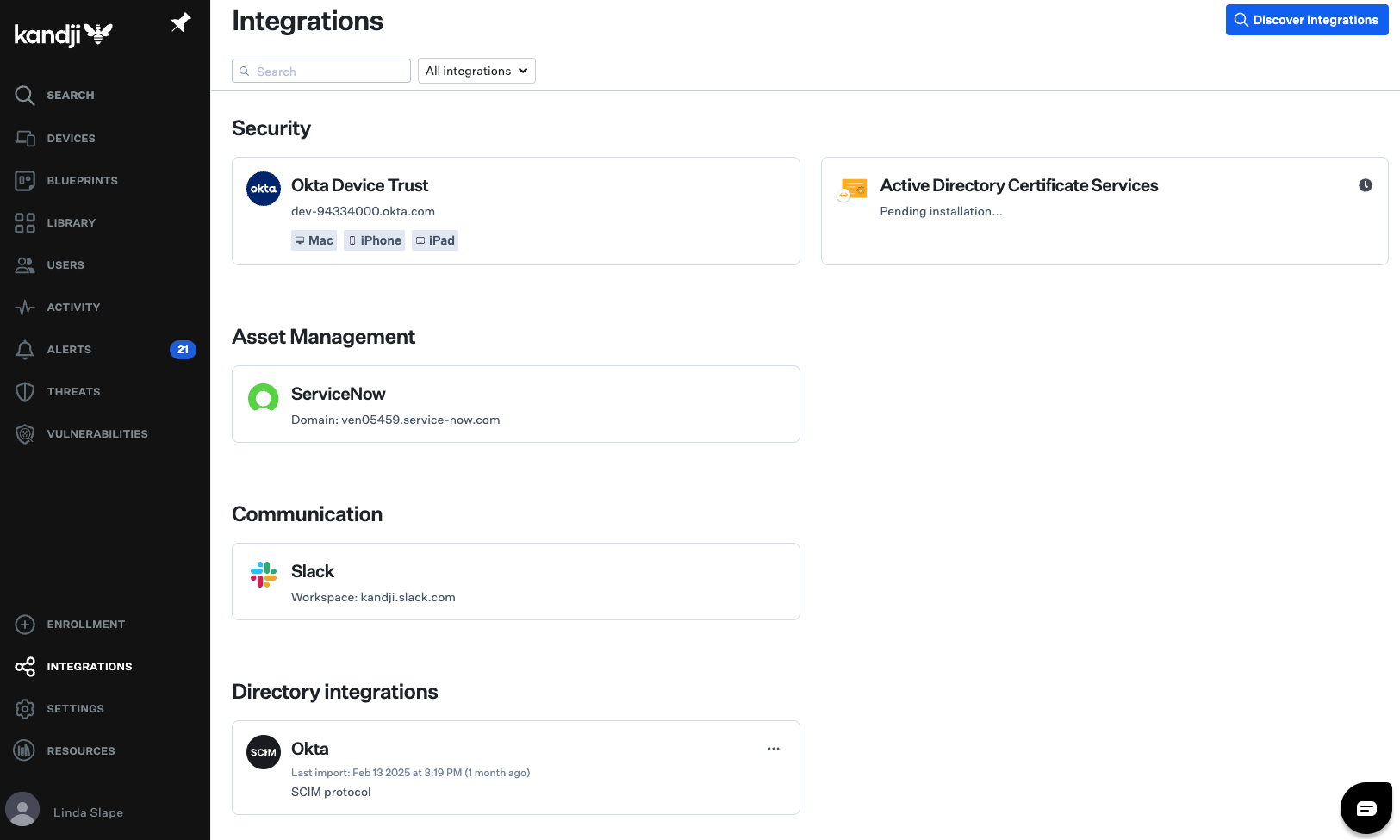 Screenshot of 3rd party integrations and compliance in Kandji