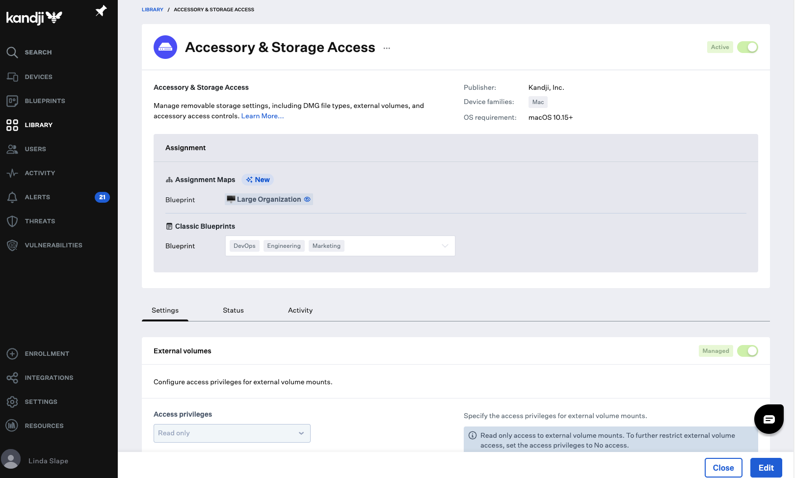 Screenshot of USB &amp; storage access restrictions in Kandji